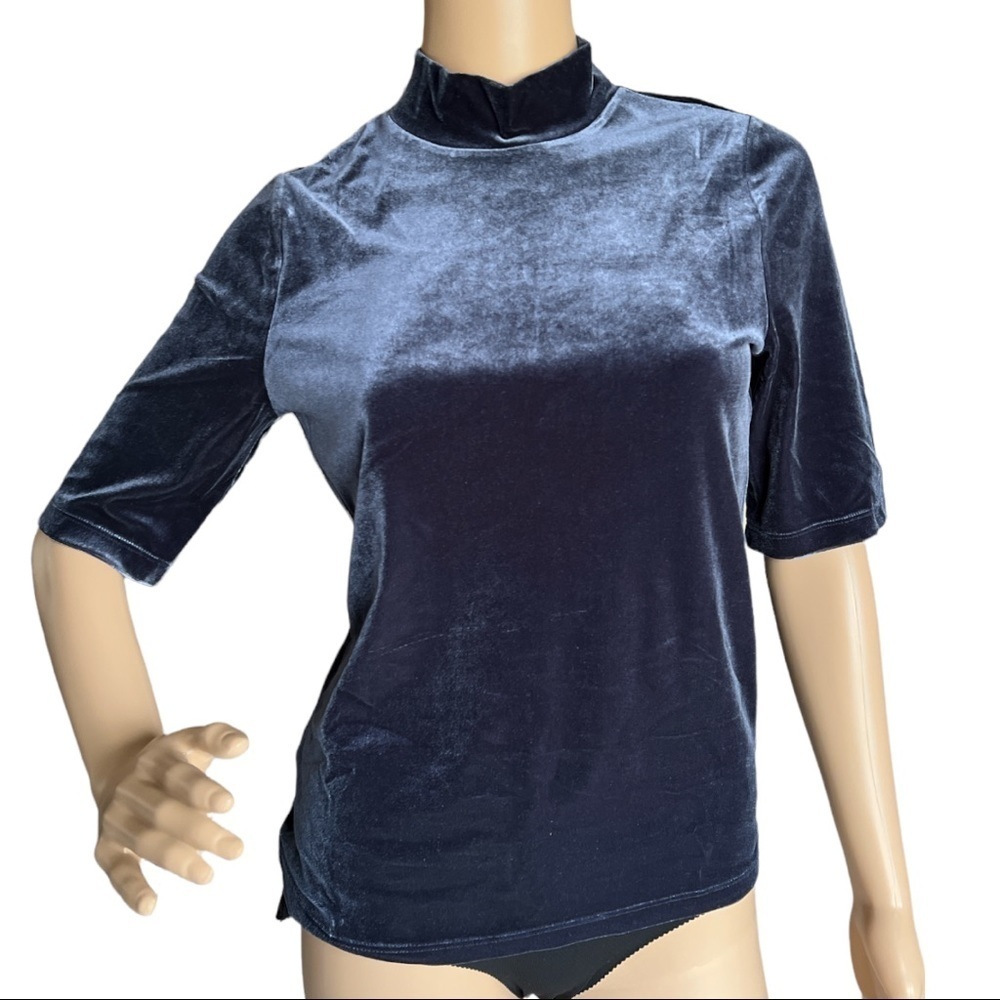 Banana Republic Navy Blue Velvet Mock Neck Top Elbow Sleeve Size M